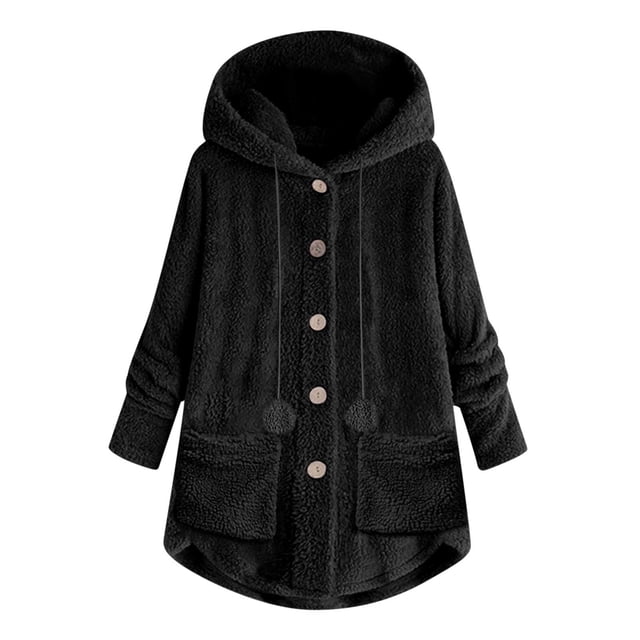 UKLSQMA Women Plus Size Button-Up Tops,Hooded Loose Cardigan Wool Coat,Winter Jacket for Comfort and Style