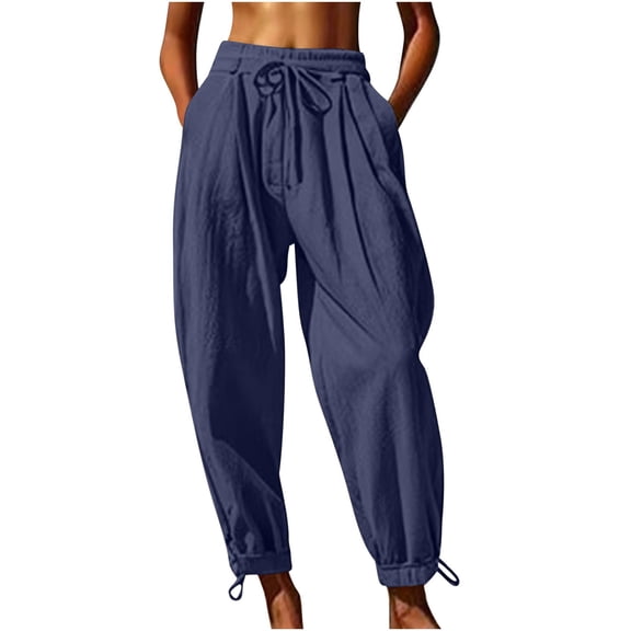 Wutalume Women's Casual Wide Leg Pants, Solid Color with Side Tie, Cropped Comfy Pants with Pockets, High Waisted,Perfect for Summer Outings,Navy 2XL