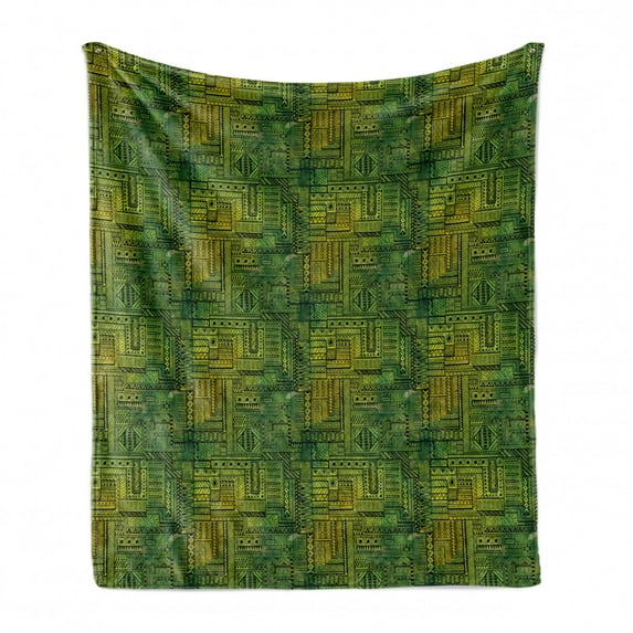 Green Soft Flannel Fleece Throw Blanket, Tribal Style Geometric Lines on Green Watercolor Background Digital Print, Cozy Plush for Indoor and Outdoor Use, 70" x 90", Black Yellow Green, by Ambesonne