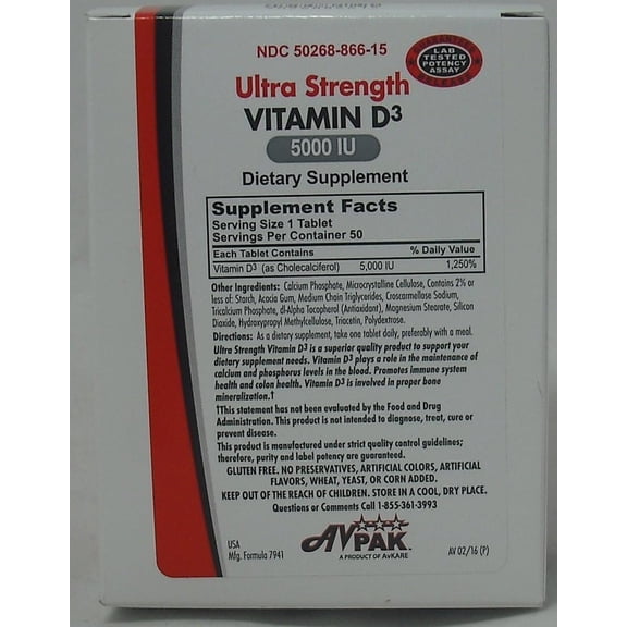 AVPak Vitamin D3 Ultra Strength Softgels, 5000 IU, 50 Count