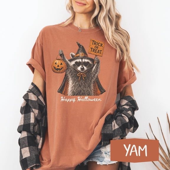 VibeNest Studio Unisex Cute Raccoon Witch Trick or Treat Pumpkin Ghost Halloween Garment-Dyed Tee