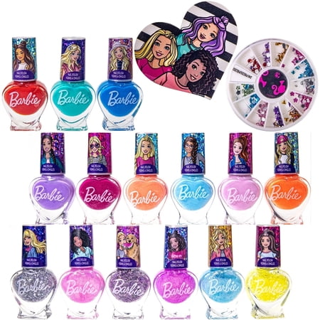 Original Townley Girl Barbie Movie 18 Piece Kids Water-Based Nail Polish Activity Makeup Set, Includes Nail Polish with Nail Gems Wheel and Nail File for Parties, Sleepovers and Makeovers (18 pieces)