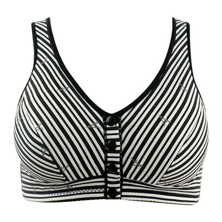 FUNUONY Big Sale!! 2025 New Daisy Bras for Women No Underwire Front Closure Comfort Senior Wireless Snap Closing Bra Soft Cotton Thin Underwear Stripes Without Tank Top Oversized Bra Black 8Xl