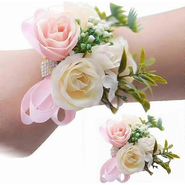 2 Pieces Wedding Wrist Flower Decor,Wedding Prom Hand Flower, Silvery Bling Wrist Flower