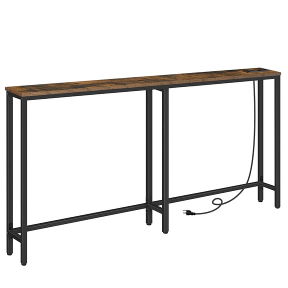 HOOBRO 5.9" Skinny Console Table with Charging Station, 63" Narrow Console Table with Power Outlets, Long and Thin Sofa Table, Slim Entryway Table, Rustic Brown BF165UXG01