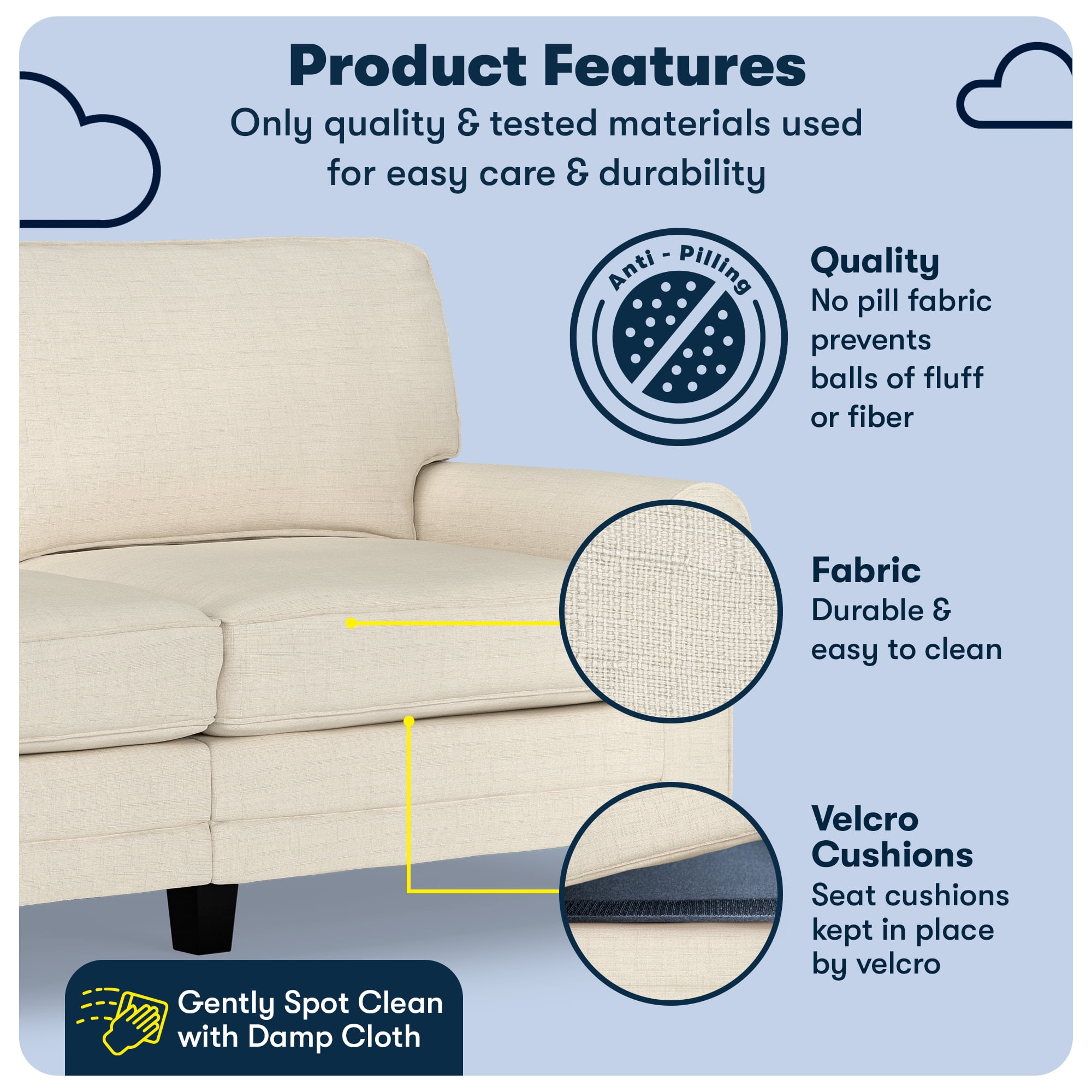 Serta Copenhagen 73" Rolled Arm Sofa, Easy Care Polyester, Loveseat or Couch for Small Spaces, Buttercream