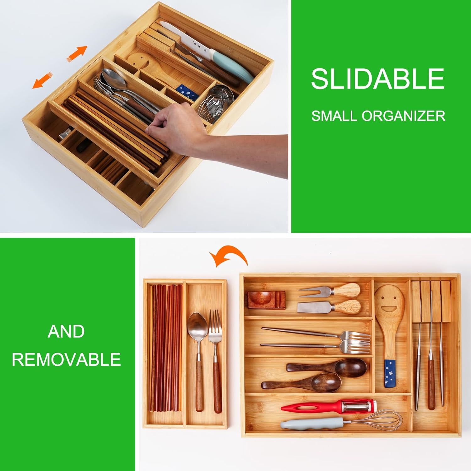 Double Layer  Kitchen Drawer Organizer with Slidable Utensil Tray & Knife Holder