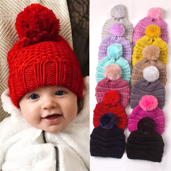 Dakiuu Toddler Warm Winter Hat Kids Baby Knitted Soft Beenie Chunky Cables Knit Pompom Skul1 Cap for Infant Baby Boys Girls