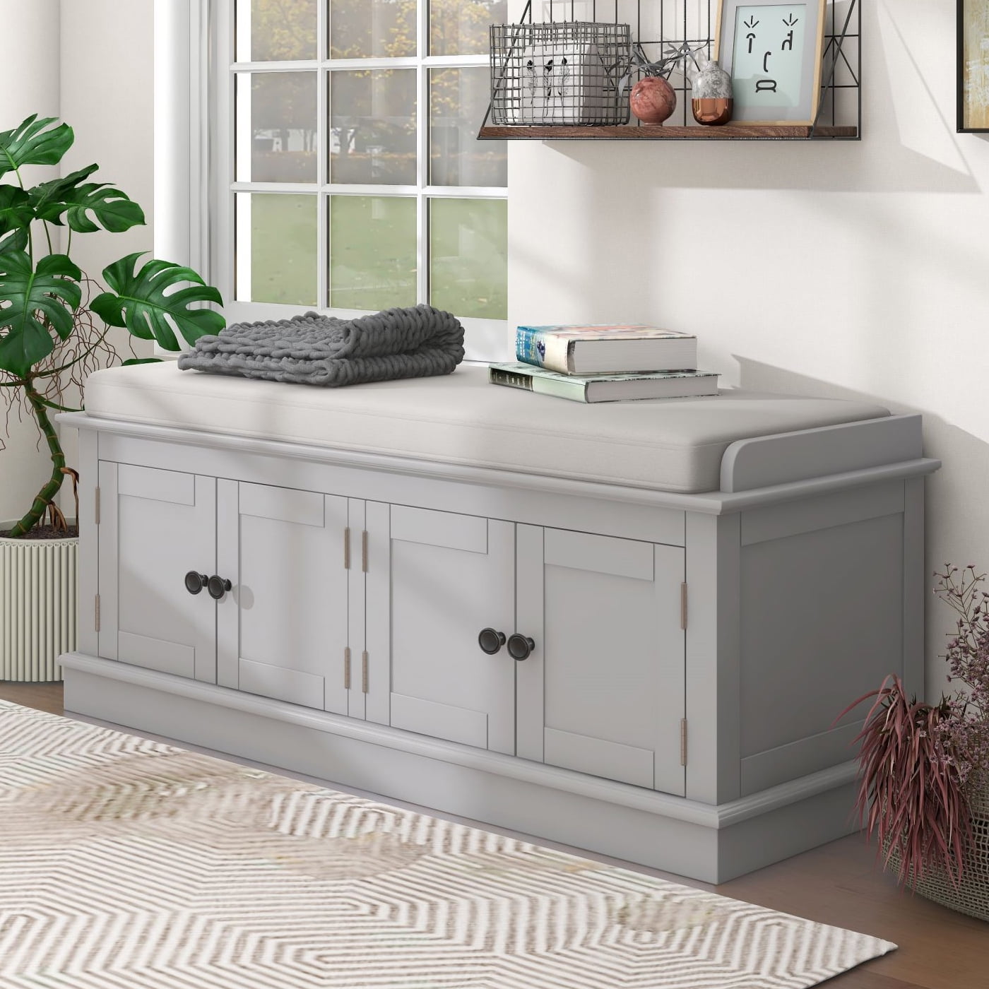 Bellemave Storage Bench with 4 Drawers, Entryway Shoe Bench with Cushioned Seat, Wooden End of Bed Bench with Cabinet and Shelves for Bedroom/Living Room/Entryway/Foyer/Hallway (Gray Wash)