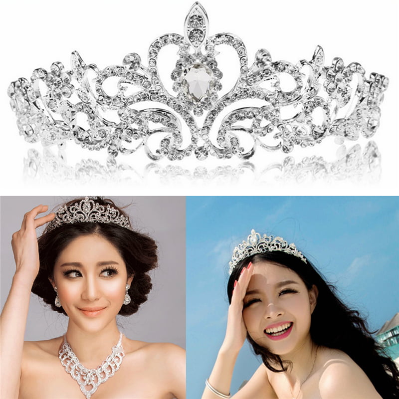 Princess Wedding Tiara Crown Rhinestones 2.5" Bridal Veil Headband Hair Jewelry 