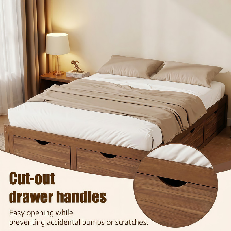 Queen/King Size No Box Spring Required Platform Bed with No Headboard, Wooden Storage Bed Frame with 6 Drawers