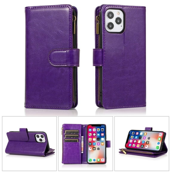 For Samsung Galaxy A25 5G PU Leather Zipper Wallet 9 Credit Card Slots Cash Money Pocket Clutch Pouch with Stand Cover ,Xpm Phone Case [ Purple ]