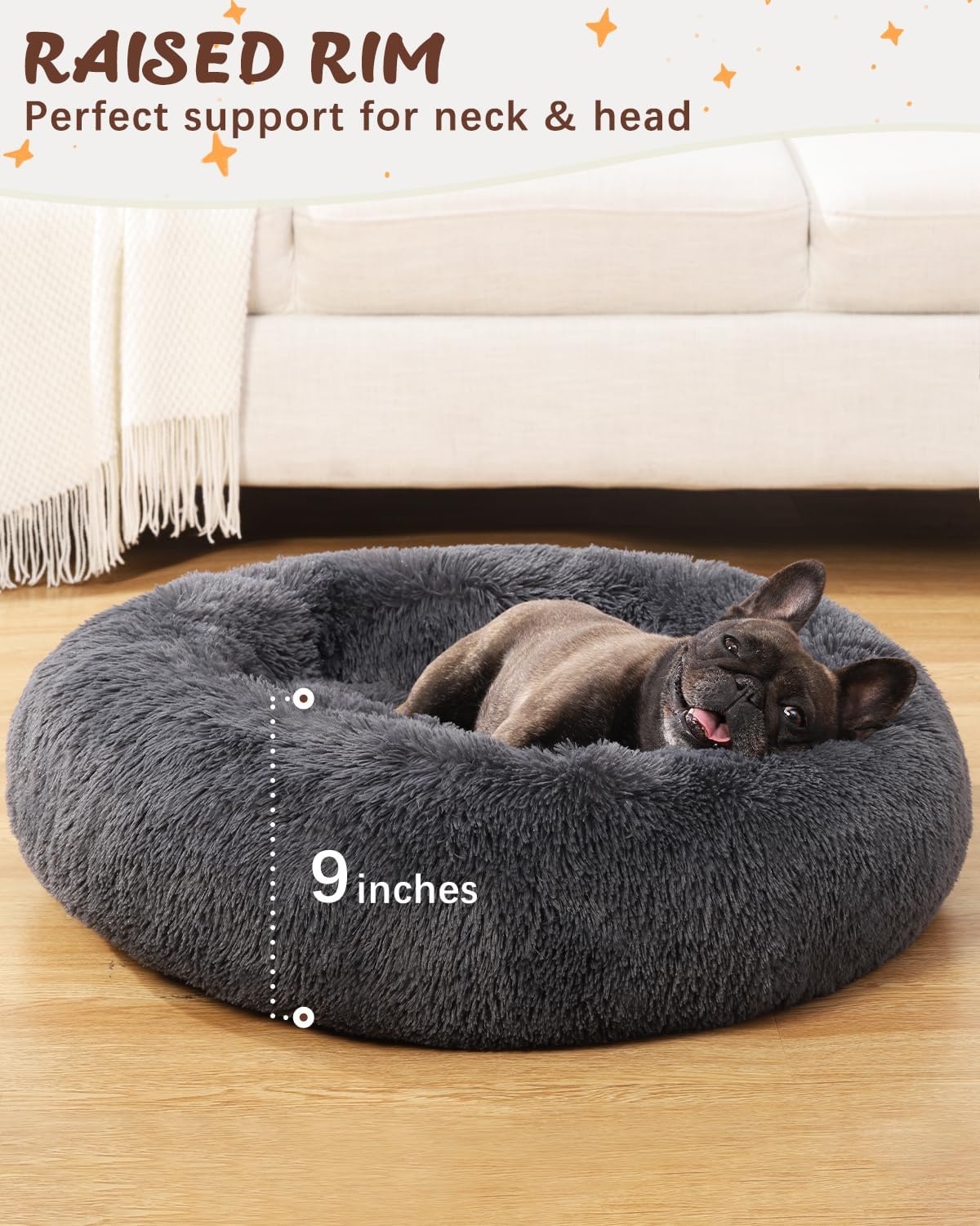 Calming Dog Bed Anti-Anxiety Round Donut Dog Beds Large Sized Dog Cat Beds for Indoor Cats Fluffy Comfort Large Dog Bed with Ultra-Soft Plush Washable Dog Bed with Non-Skid Bottom, 36", Gray