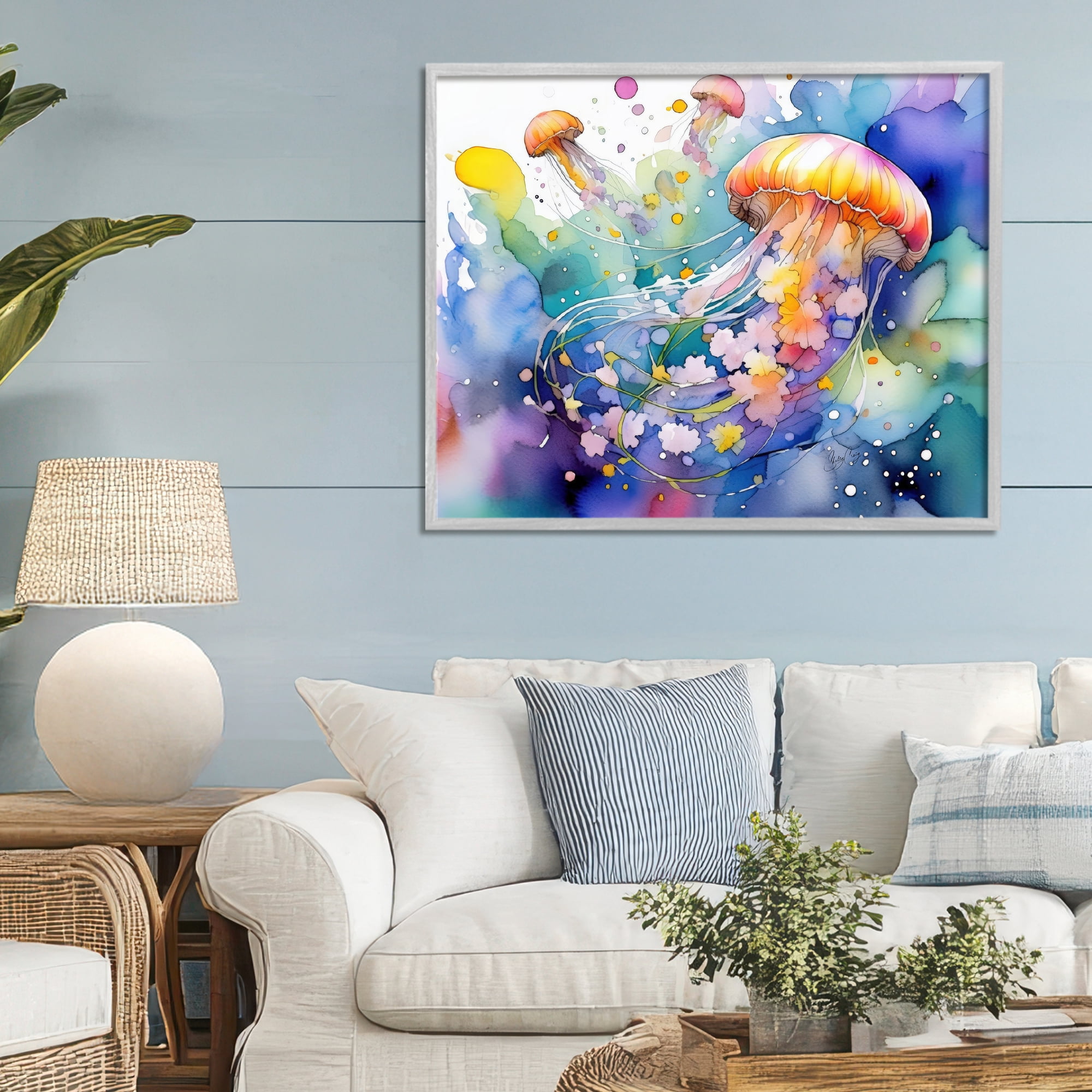 Stupell Industries Neon Jellyfish Underwater Gray Framed Giclee Art, design by Shelly Craig