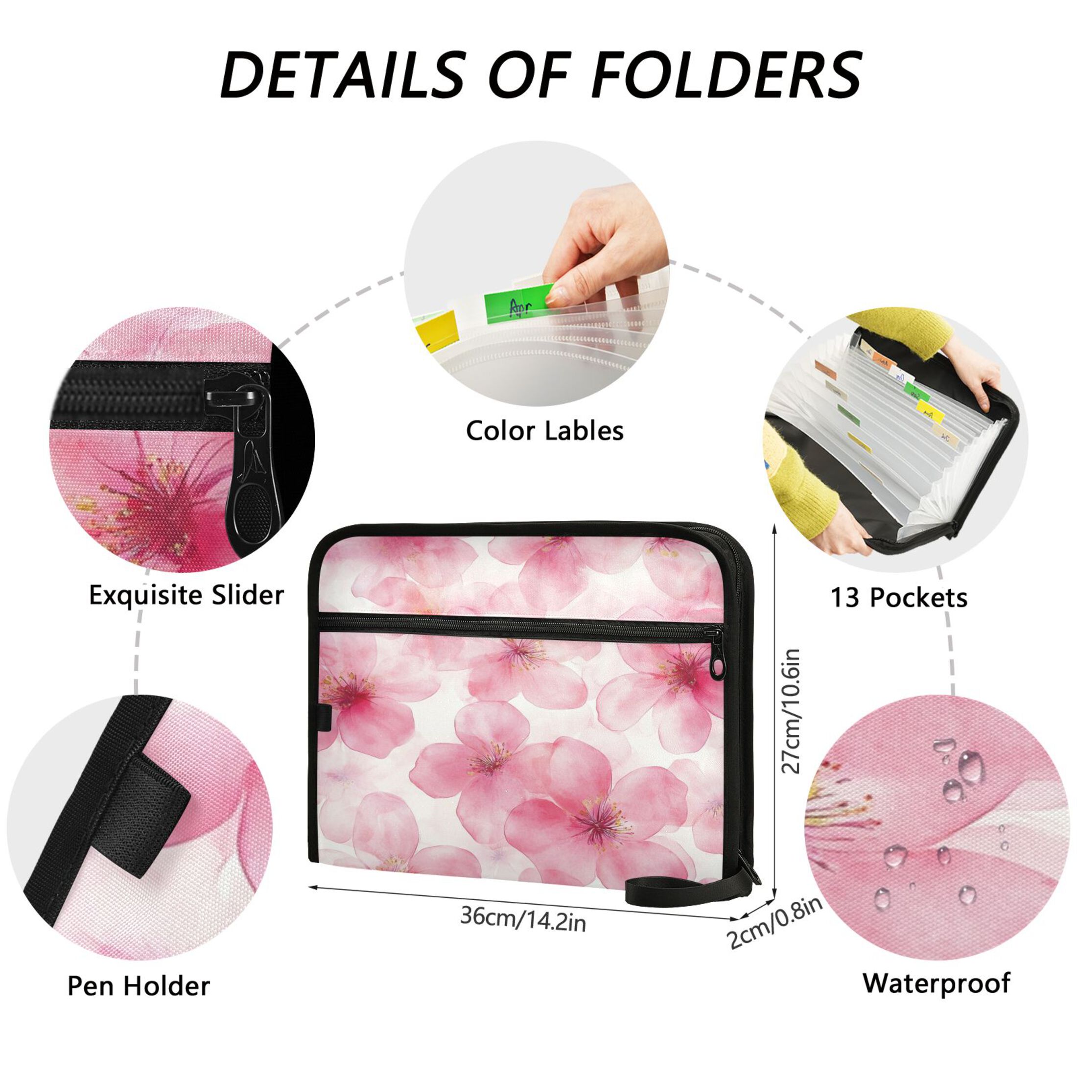 Organ Folder 14.2 x 0.8 x 10.6 Inches 13 Separate Pockets A4 Size Documents Folder A Sort Storage File Manager For The Home Office Beautiful Pink Flower