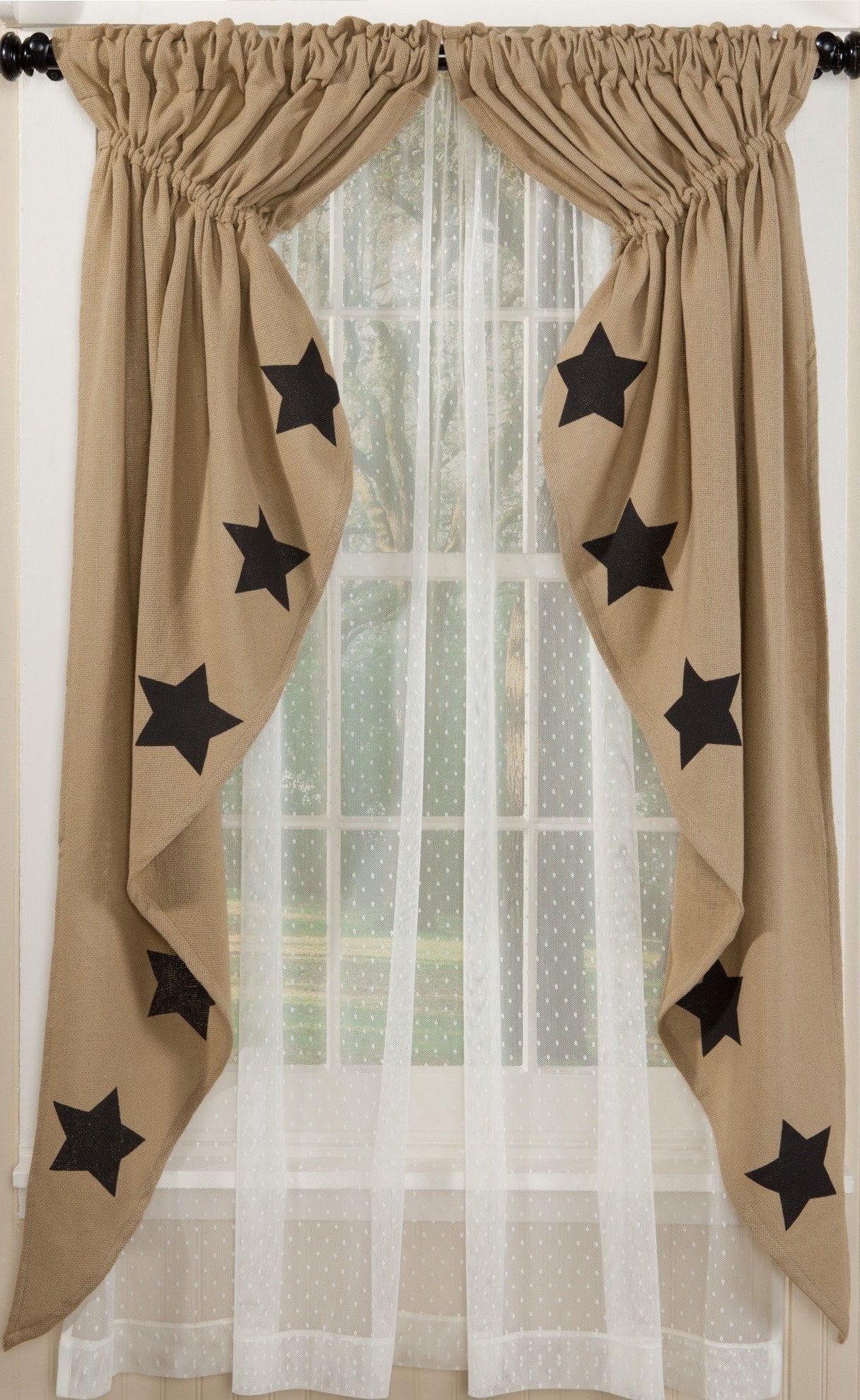 63" 84" Lengths Farmhouse Star Lined Curtain Panels Burgundy or Black and Tan