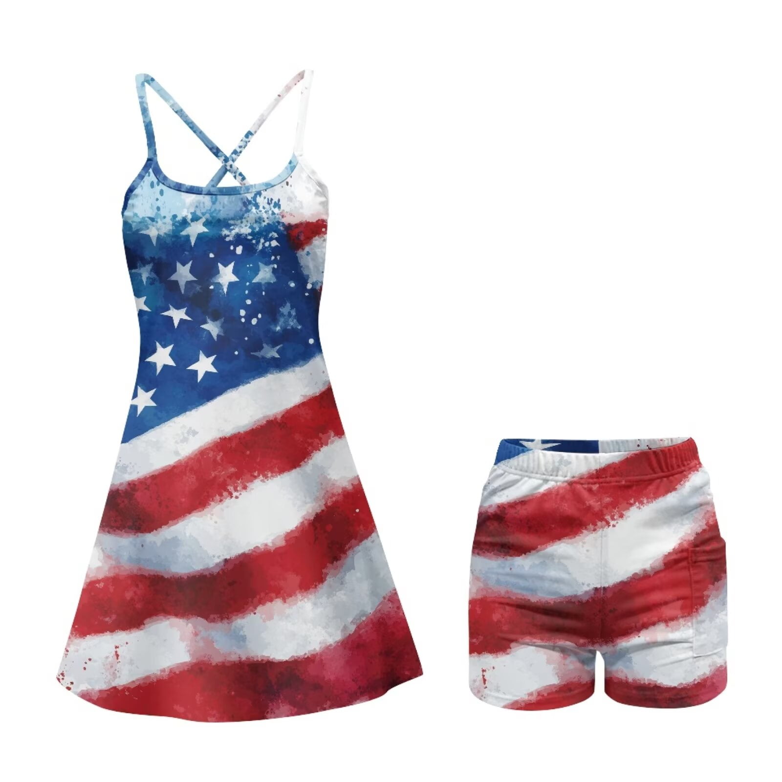 Psesaysky 4th of July Tennis Dress with Built in Shorts Breathable Athletic Dress for Women Summer Cross Back Golf Workout Dress American Flag Paint Print, Size XL
