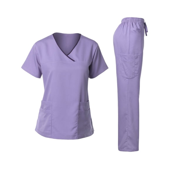 Scrub Sets for Women Petite Comfortable V-Neck Scrub Top & Jogger Pant Stretch Nursing Workwear Quick Dry Uniform Suits with Multi Pocket for Nurse Esthetician Light Purple S