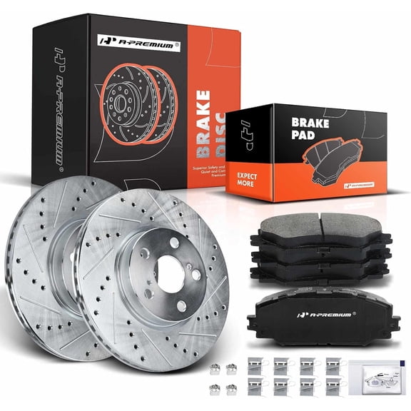 A-Premium 10.83 inch Front Drilled and Slotted Disc Brake Rotors   Ceramic Brake Pads Kit Compatible with Select Pontiac Scion and Toyota Models - Vibe xD Corolla Matrix 6PCS