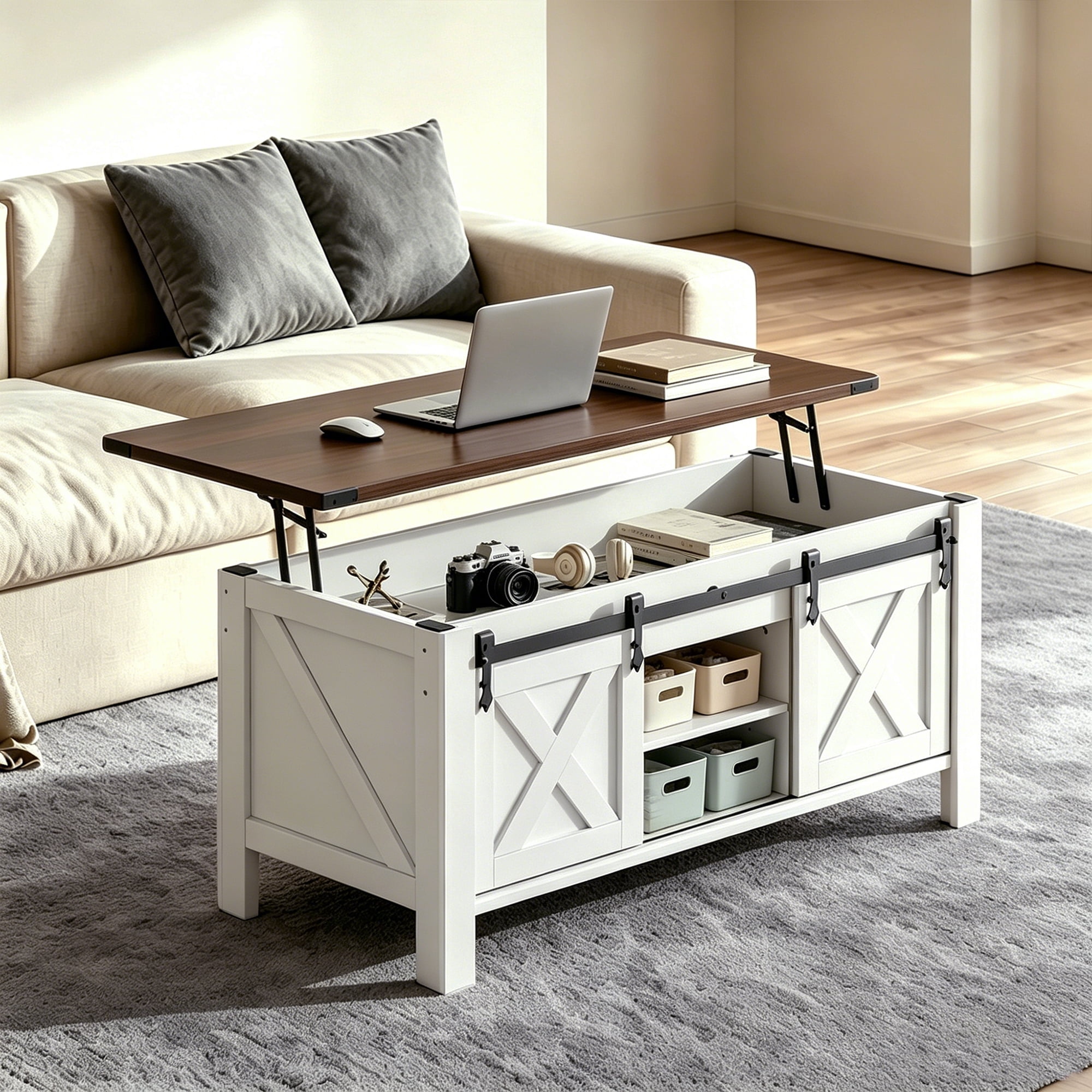 GALAXHERO 47.3" Farmhouse Lift Top Coffee Table with Sliding Barn Doors, Large Hidden Storage Compartment and Adjustable Shelf for Living Room, Office, White