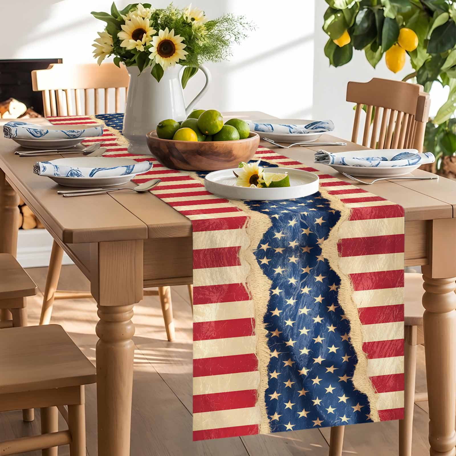 4th of July Patriotic Star Stripe Table Runner 90 Inches Long, Retro USA Flag Memorial Day Table Runners Tabletop Scarf Kitchen Dining Tables Decoration for Home Party Indoor Outdoor
