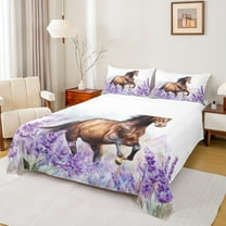 Homewish Rustic Brown Horse Twin Sheet Sets, Purple Lavender Floral Twin Fitted Sheet, Fashion Animal Flat Sheet, Lightweight Room Decor, 3pcs