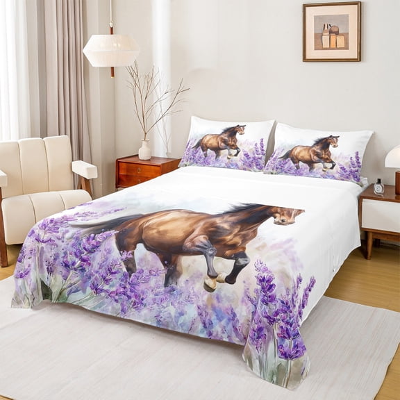 Homewish Rustic Brown Horse Twin Sheet Sets, Purple Lavender Floral Twin Fitted Sheet, Fashion Animal Flat Sheet, Lightweight Room Decor, 3pcs