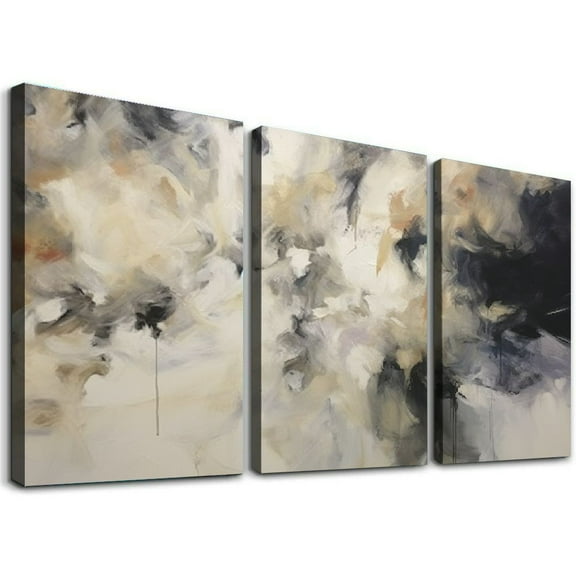 ONETECH Framed Large Abstract Wall Art Black And White Gray Decor With Black White Gray Texture Minimalist Canvas Living Room Office Bedroom Friends And Family Gifts 12''x16''X3 Panels