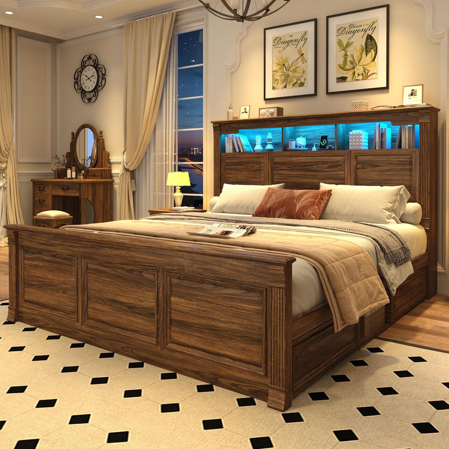 Blotout Farmhouse King Size Bed Frame with 55" Tall Storage Bookcase Headboard & 4 Drawers, Wood Platform Bed Frame with 24" Roman Colum Footboard, LED Light, Charging Station, No Box Spring Needed