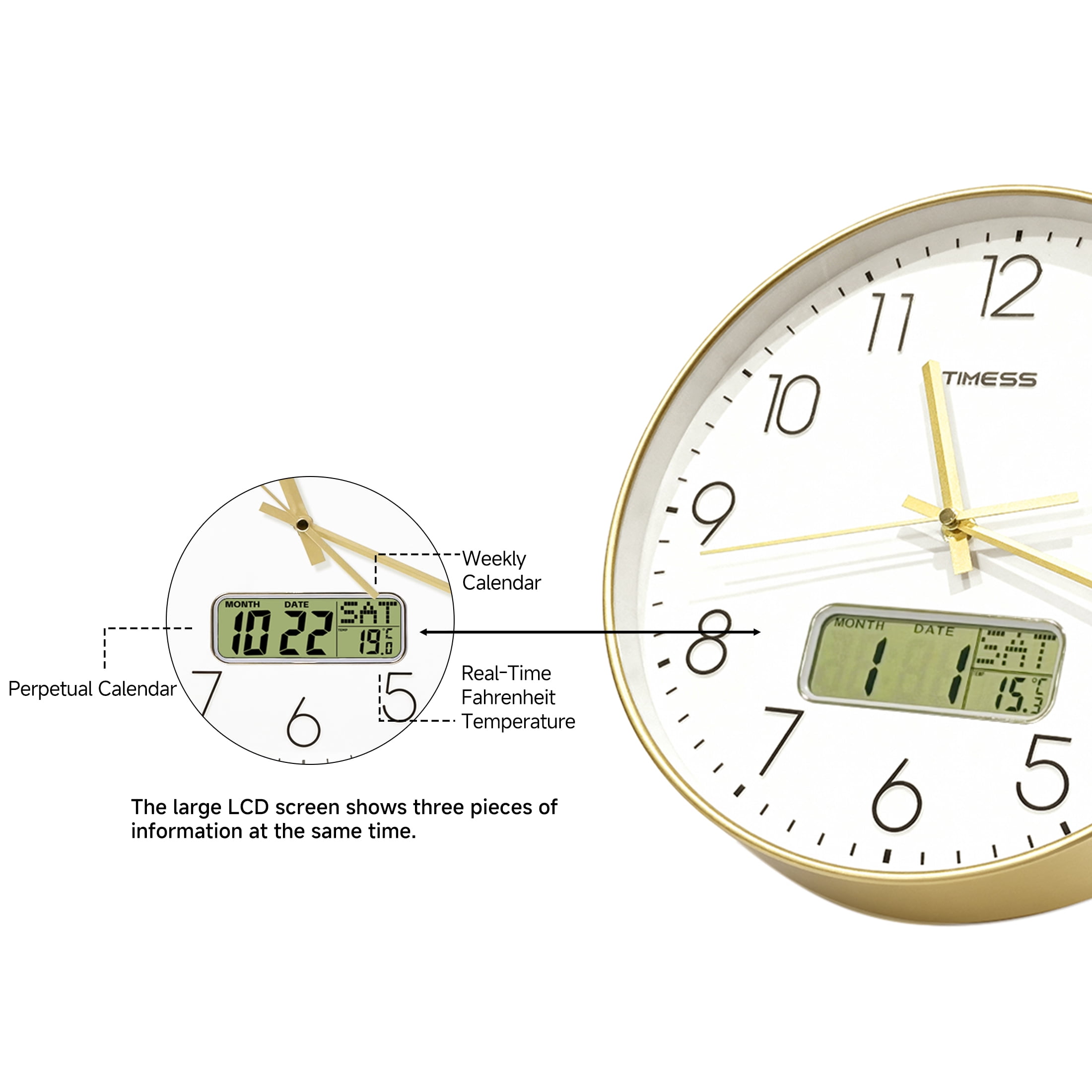 TIMESS 12 Inch Silent Wall Clock with Date Display, Large Easy-Read Numbers, Battery Operated, Modern Home Clock (Gold)
