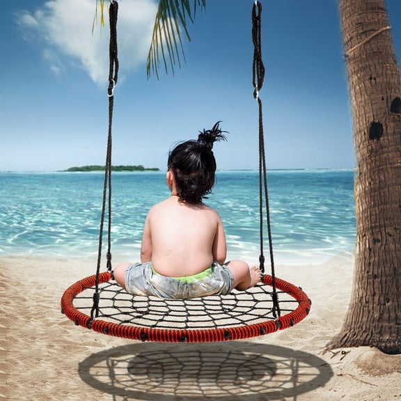 Walsport 40" Hanging Chair Flying Sky Chair Indoor & Outdoor Use Kids Round Sport Mesh Swing Hanging Chair for Summer Winter Camp Base Park, Red