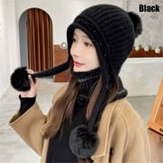 Autumn Winter Outdoor Warm Windproof Knitted Hat Scarf Set Cycling Cap Beanies Cap BLACK