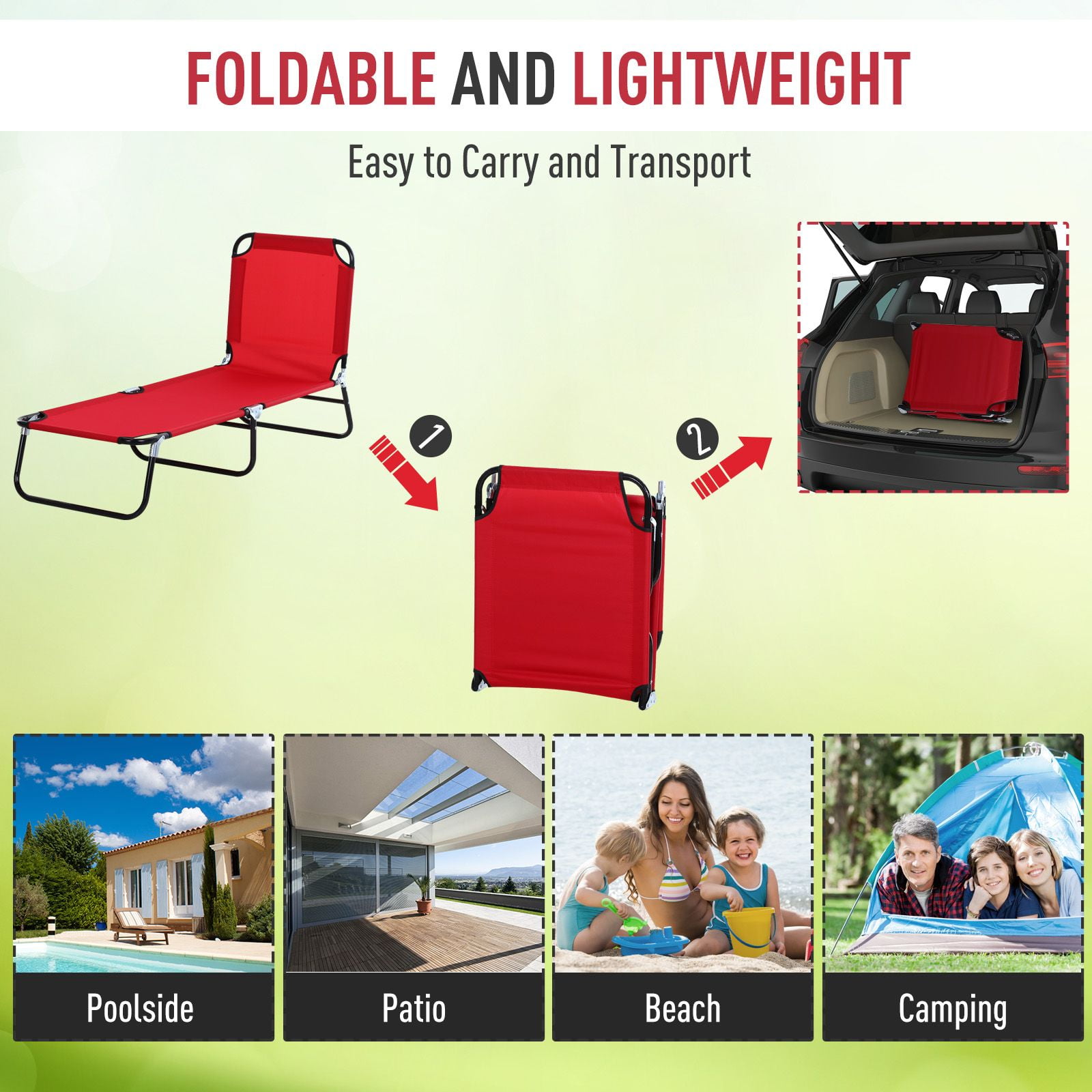 Foldable Chaise Lounge, 5-Level Backrest, Adjustable footrest, Pillow, Lightweight Frame, for Pool, Patio, Sun Bathing, Red
