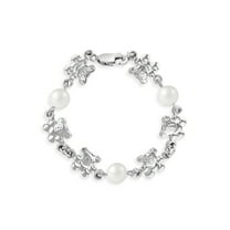 925 Sterling Silver 4.5" Teddy Bear & Simulated Pearl Bracelet for Baby Girls