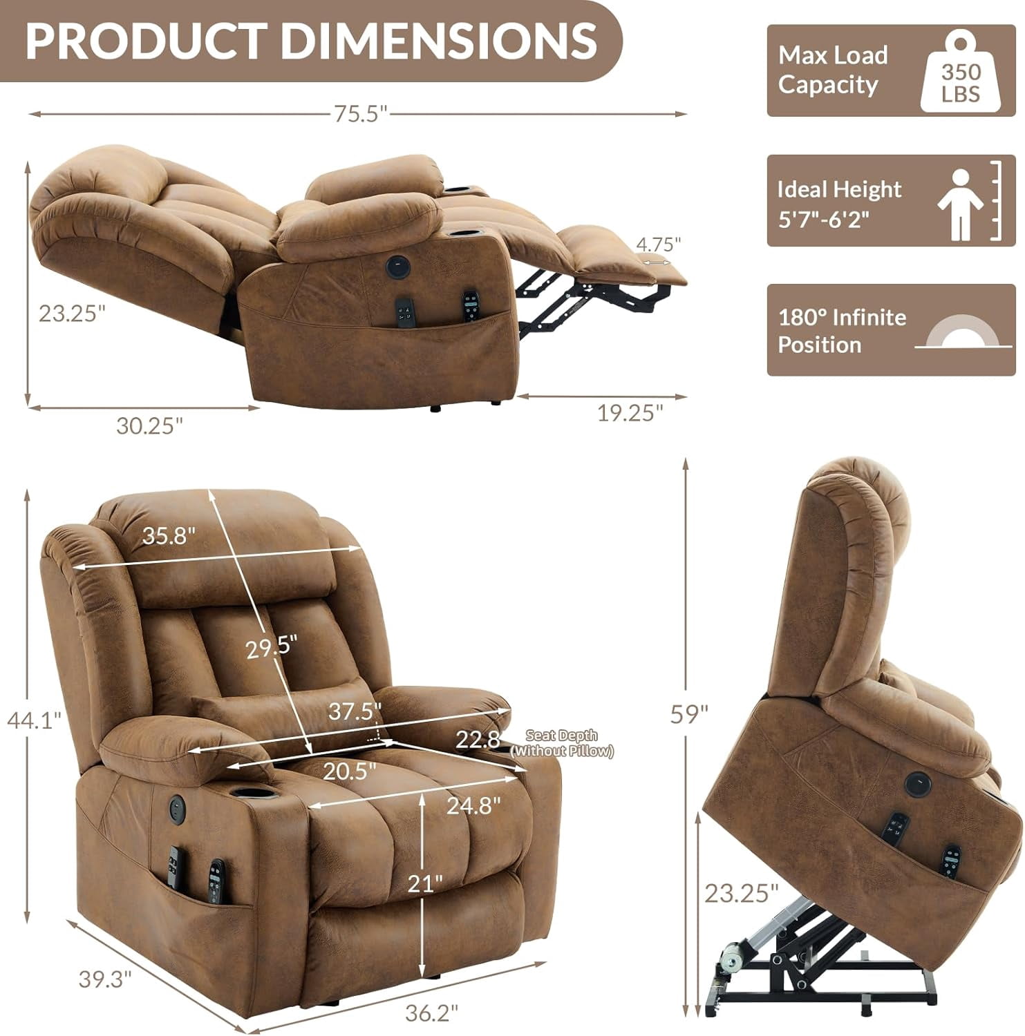 EPICOZY Oversized Dual Motor Power Lift Recliner Chair with Extended Footrest for Big Tall Man, Lay Flat Sleeper Electric Recliner with Massage and Heat, Lumbar Pillow, USB & Type-C Port, Brown