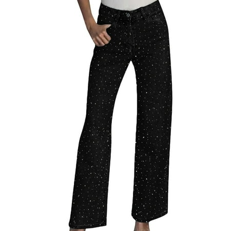 iHPH7 Womens Rhinestone High Waisted Y2k Jeans Straight Leg Loose Stretch Fit Bling Glitter Denim Pants Black XL