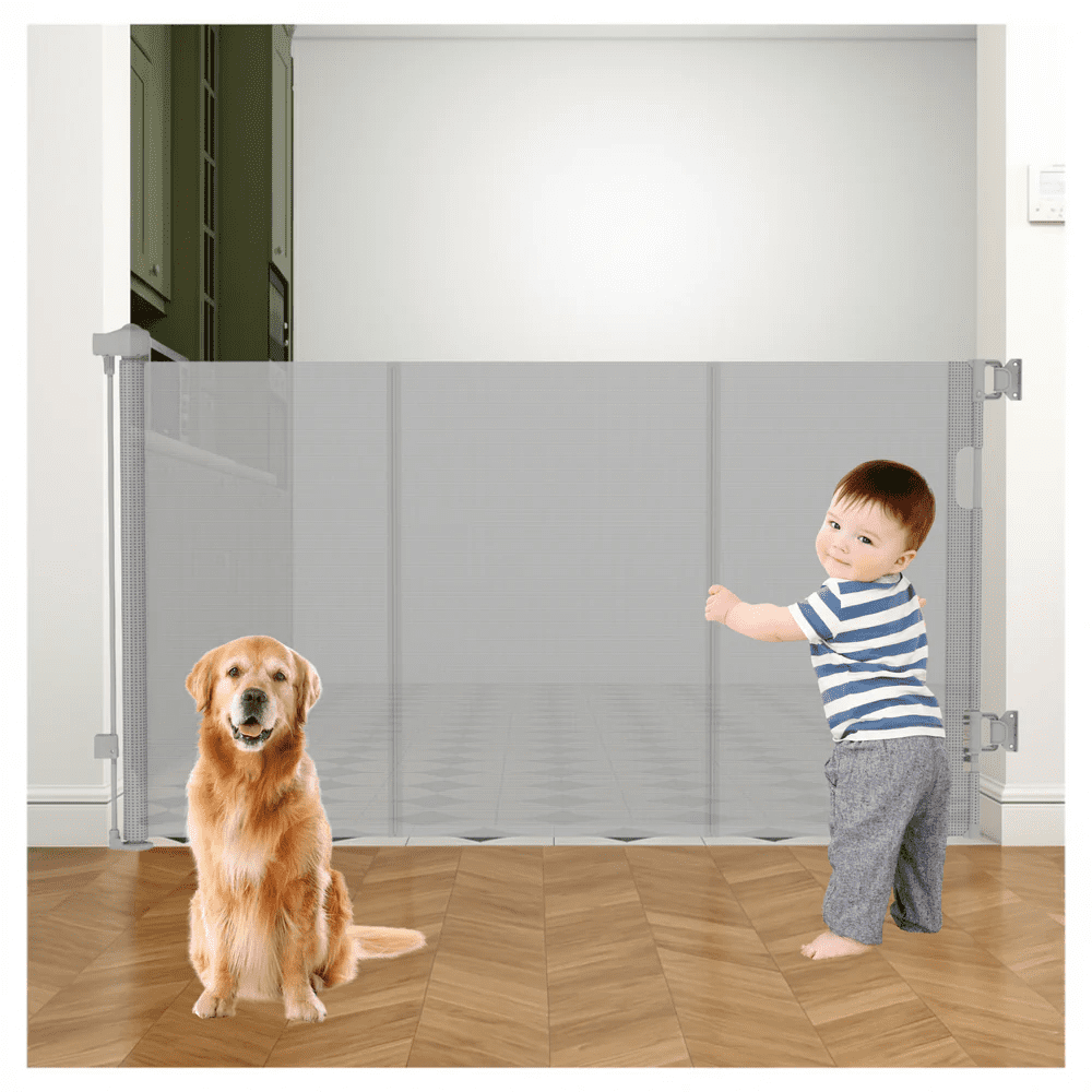 Baby Proof Me Retractable Baby Gate, Extra Wide Mesh Child Safety Gate, 34" Tall x 71" Wide, Gray