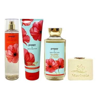 Bath & Body Works Poppy 3 Piece Bundle with a Marbela Creamy Rose Bar Soap - Fragrance Mist - Body Cream and Shower Gel - Full Size