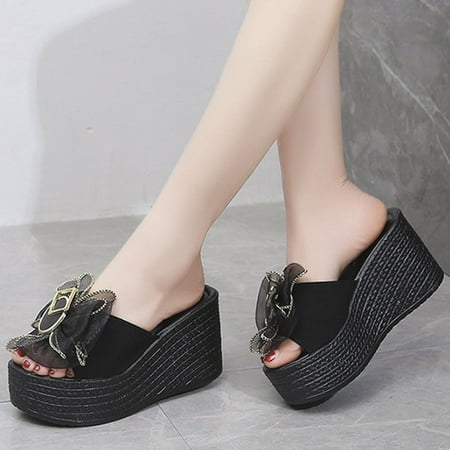 

HAOTAGS Women s Dressy Slip On Sandals Beach Slide Sandals Platform Wedge Bowknot Casual Summer Shoes Black Size 6