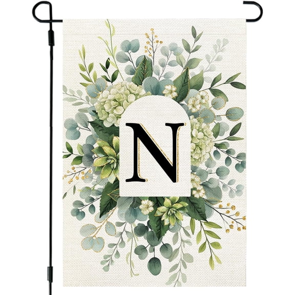 Monogram Garden Flag Letter N, Double Sided Spring Floral Welcome Decoration, 12 x 18 Inch, Small Outdoor Lawn and Yard Flag