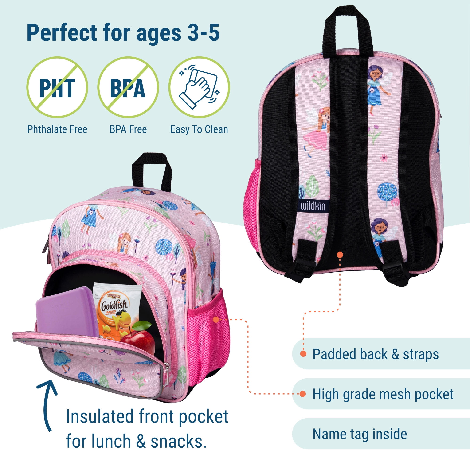 Wildkin Kids 12 Inch Backpack for Toddler Boys and Girls, Insulated Front Pocket (Fairy Garden)