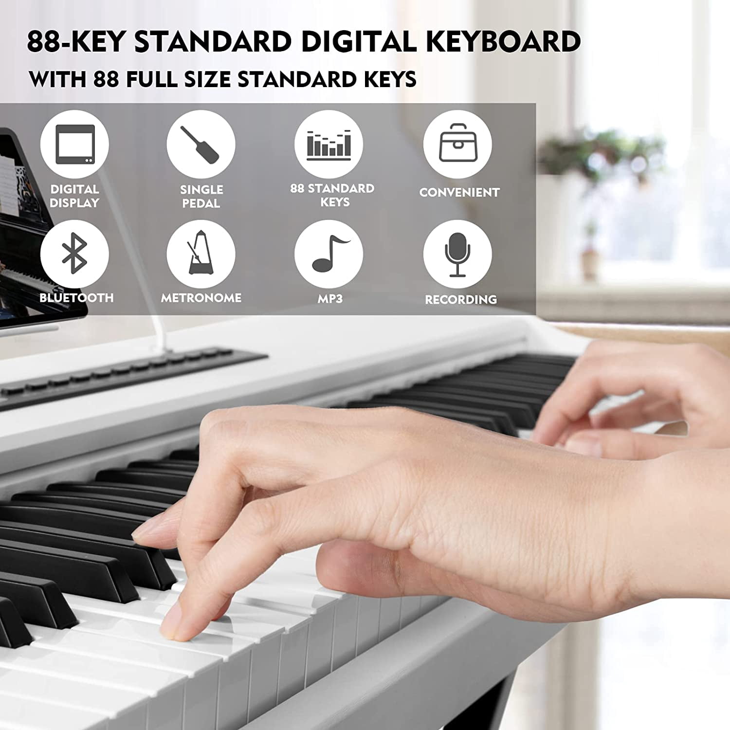Mustar 88-Key Electronic Piano Semi Weighted Digital Keyboard with Stand, Pedal, Bag (White)