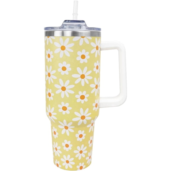 Floral 40 oz Tumbler, Daisy Flower Insulated Mug With Lid Straw and Handle Straw, 40oz Cup Gift for Women