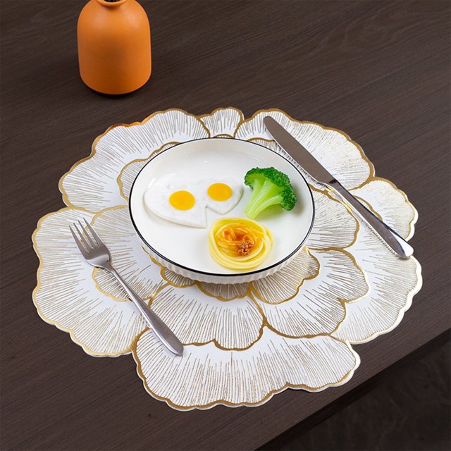 Washable Placemats Set Of 6 Gold Flower Place Mat Blue PVC Table Mats Non Slip Heat Wipeable Placemats For Kitchen Garden Picnic Dining Table Home Decor Christmas Gifts