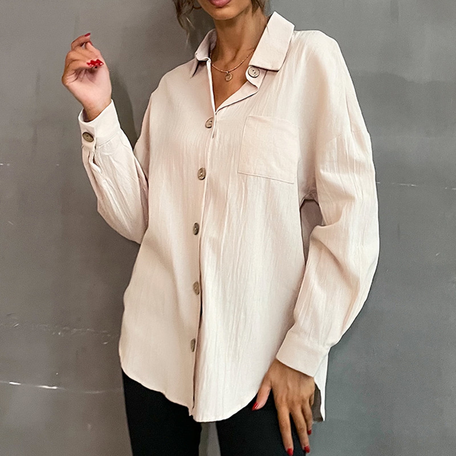 Meikosks Womens Turn-Down Collar Button Blouses Stripe Tops Plus Size Long Sleeve Shirt Loose Tunic 