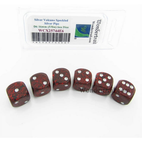 Silver Volcano Speckled Dice with Silver Pips D6 16mm (5/8in) Pack of 6 Wondertrail