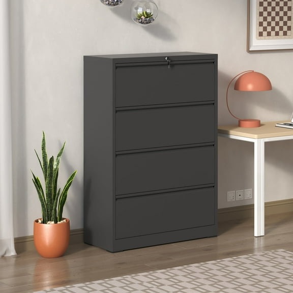 Lateral Cabinet 4 Drawer, Black Filing Cabinet with Lock, Lockable Cabinet for Home Office, Locking Metal Cabinet for Legal/Letter/A4/F4 Size