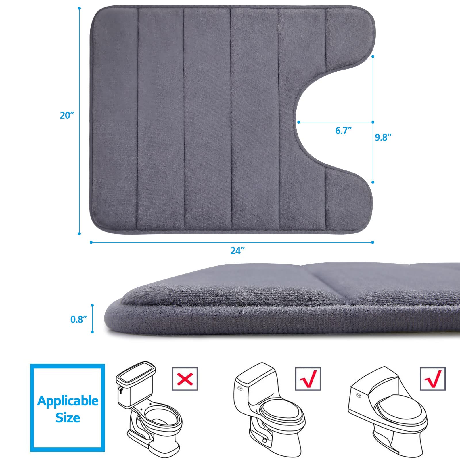Smiry Memory Foam Bathroom rugs Toilet mats, U-Shaped Contour Carpet, 20" x 24", Drak Grey - image 5 of 8