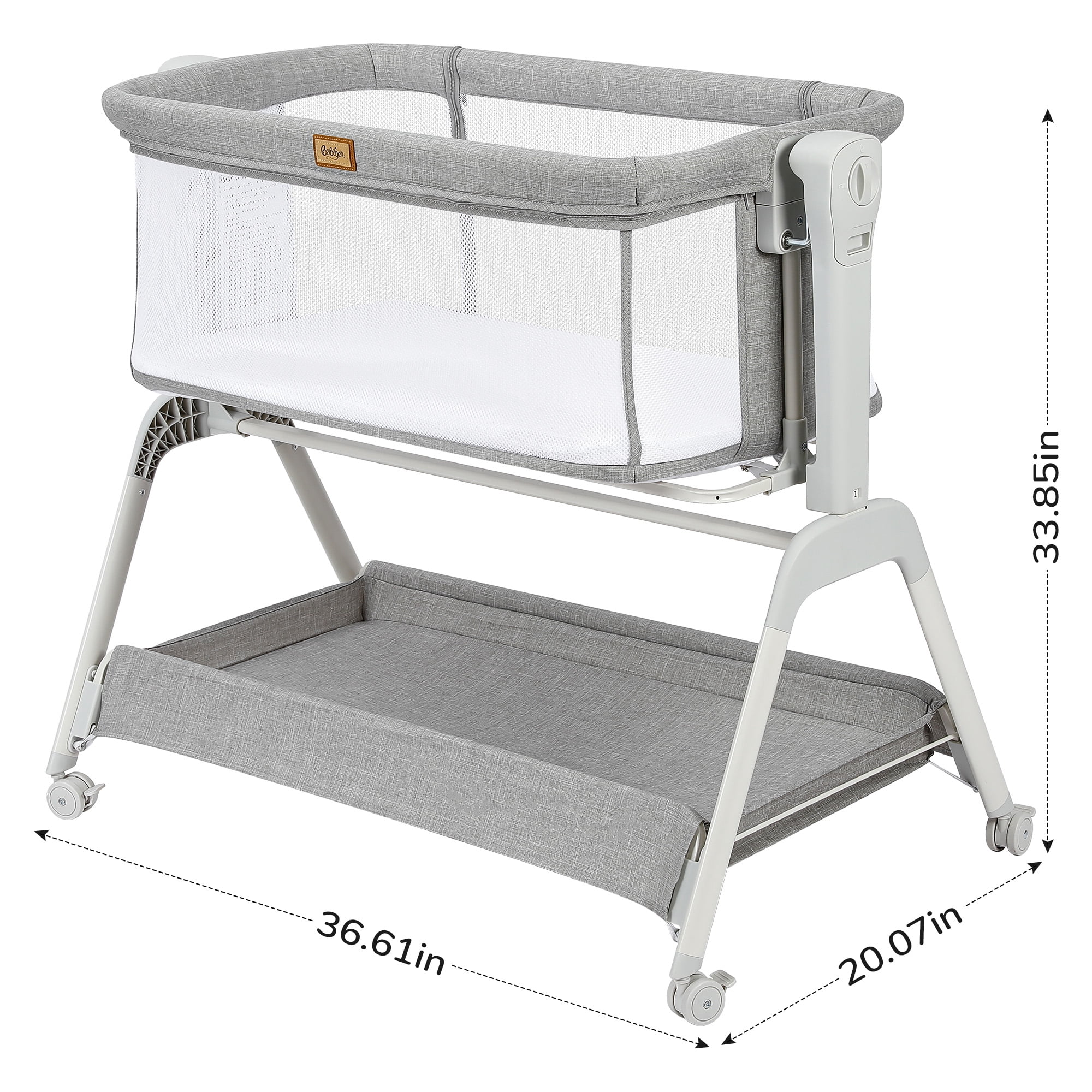 Baby Bassinet, Bobiber 3-in-1 Baby Bassinet Bedside Sleeper with Rocking and Adjustable Height, Storage Basket, Wheels, for 0-24 Months, Grey
