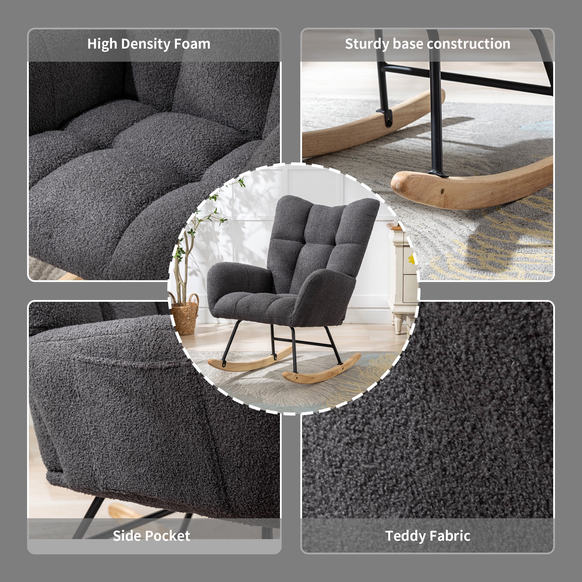 Teddy Fabric Wingback Glider Rocker with Side Storage Pocket, Soft Comfy Nursing Rocking Chair, Sturdy Safe Solid Wood Base, Multiuse Accent Chair for Nursery & Living Room,Grey